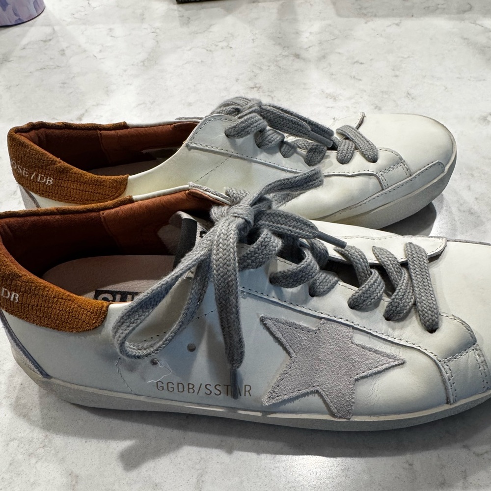 Golden Goose White Sneakers with Brown Heel Collar and Gray Suede Accent
